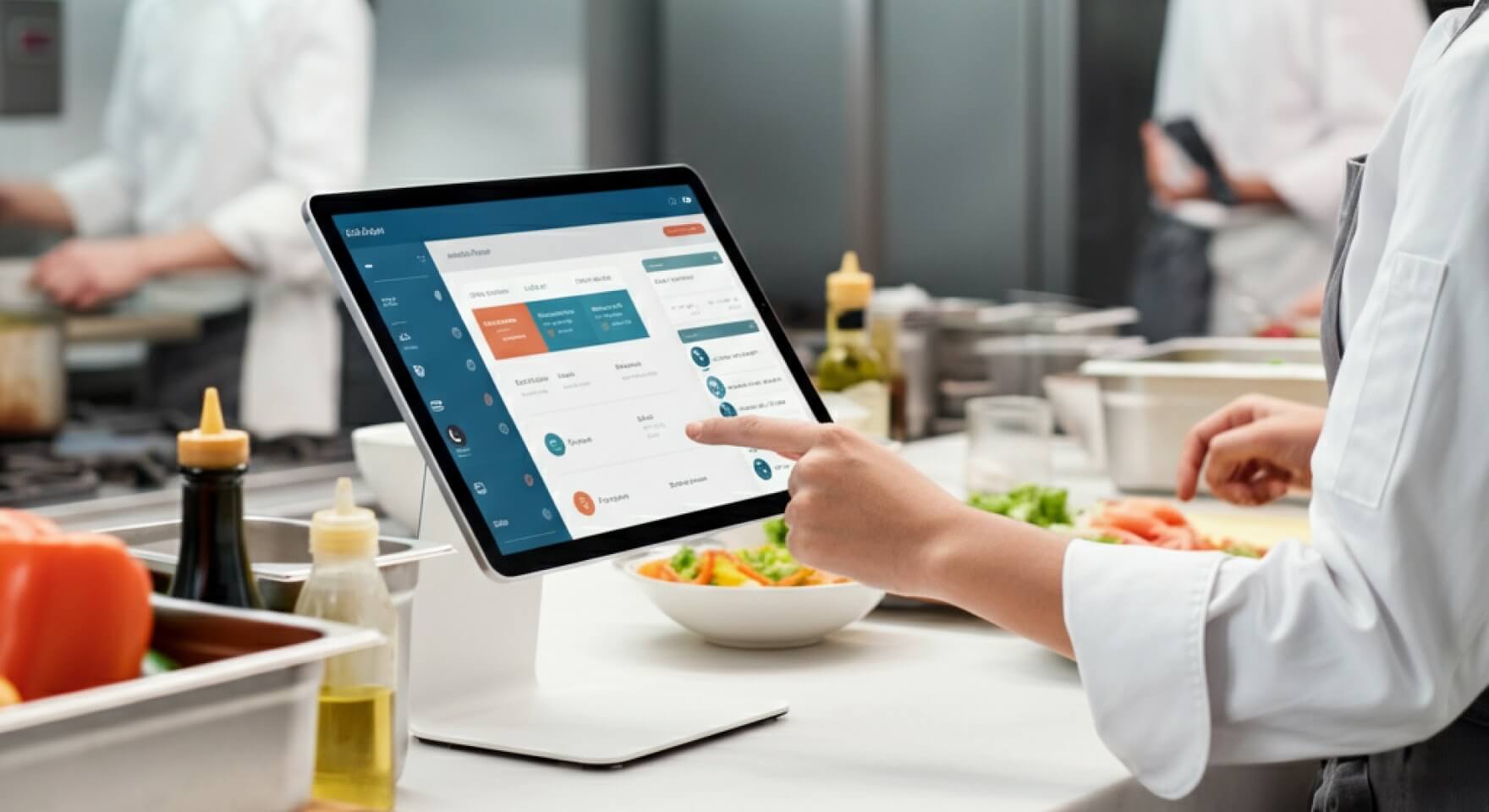Automatyzacja kuchni: szef kuchni zarządza zamówieniami za pomocą wyświetlacza na tablecie