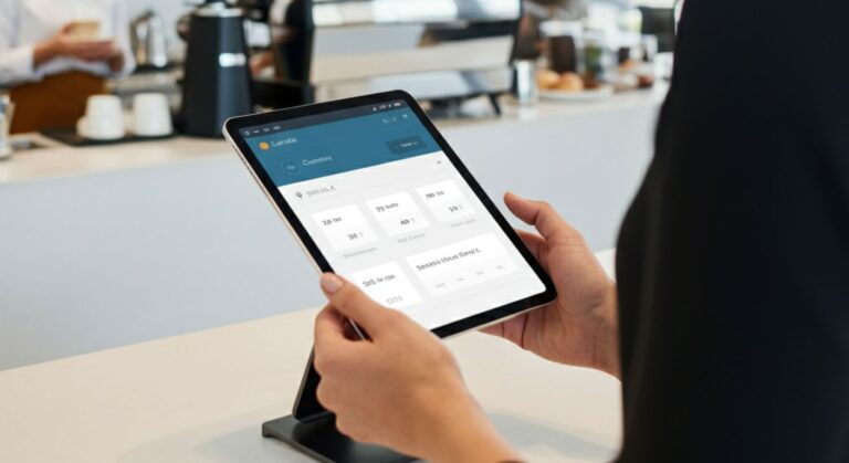 Kelner wprowadza zamówienie na tablecie, używając nowoczesnego oprogramowania dla restauracji