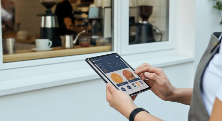 Klient składa zamówienie przez tablet — wygodna automatyzacja kawiarni